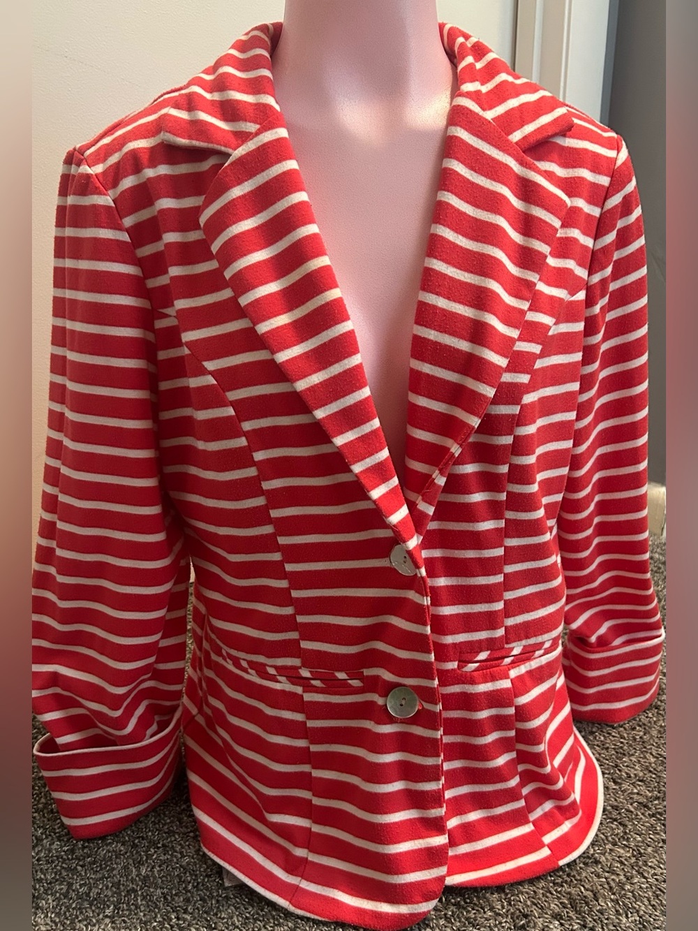 Metaphor Red & White Striped Knit Blazer - Two Button Front